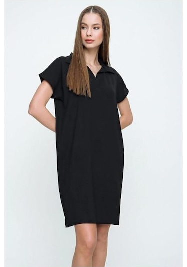 Kadın Bol Kesim Polo Yaka Kısa Kollu Günlük Kısa Midi Elbise Dizüstü 2883200 Siyah