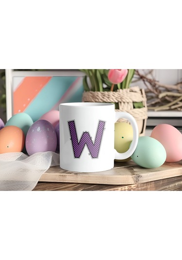 W Harfi Mor Puantiyeli Kupa Bardak - Polka Dot Tasarım Kahve Çay Bardak - Kişiye Özel Hediyelik Beyaz