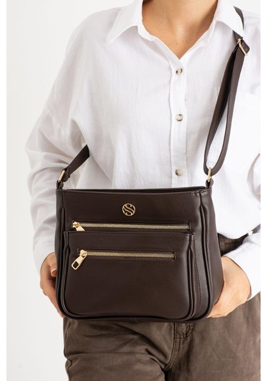 Kadın Ayarlanabilir Çapraz Askılı, Dört Cepli Kahverengi Omuz Çantası-84