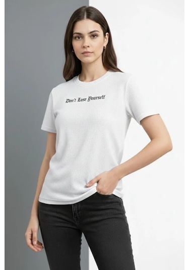 Wafıl Kumaş Tişört Regular Kalıp Bisiklet Yaka Baskılı Günlük Basic T-shirt - Beyaz