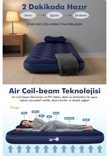 Livenzi Tek Kişilik Şişme Yatak & Yastık 191 76 22 Cm Lacivert