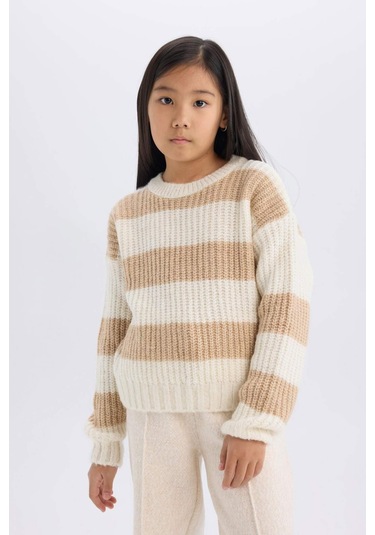 DeFacto Kız Çocuk Çizgili Bisiklet Yaka Triko Kazak A6009A824WNBG387 Bej