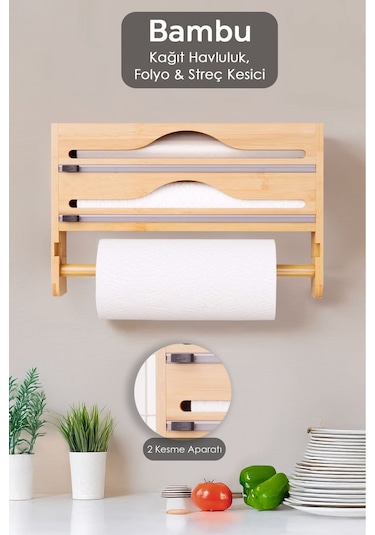 Bambu Streç Film Folyo Kesici - Fonksiyonel 2 Bölme Streç Folyo Kesme Kutusu Ve Kağıt Havlu Askılığı