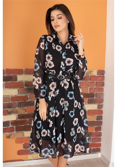 Neşeli Butik Kadın Siyah Kemerli Gömlek Yaka Şifon Elbise Ry0031 Mint Yeşili