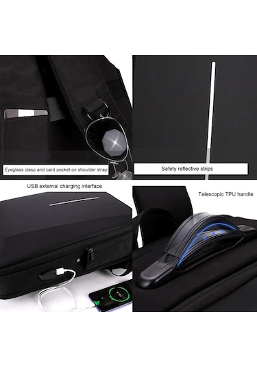 Sert Kabuk Hırsızlık Önleyicili Laptop Sırt Çantası Siyah