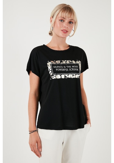 Lela Baskılı Bisiklet Yaka Regular Fit Bayan T Shirt 6671007 Siyah Lela Baskılı Bisiklet Yaka Regular Fit Bayan T Shirt 6671007 Siyah