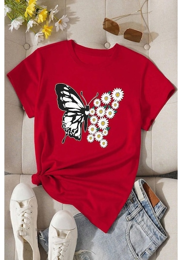 Unisex Pamuklu Ön Baskılı Papatya Kelebek Baskılı Kısa Kol T-shirt Kırmızı