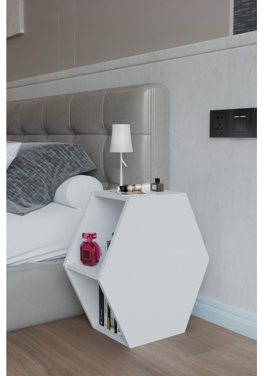 Alpa Ev Mobilya Altıgen Komodin, Modern Başucu Sehpası, Dekoratif Raflı Komodin Kitaplık Beyaz