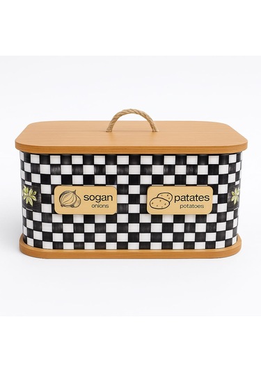 Dekorasyaa 2 Bölmeli Patates Soğanlık - Bambu - Dikdörtgen Dama Desen Beyaz - Siyah