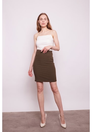 Yüksek Bel Diz Üstü Likralı Pamuklu Şık Kumaş Kalem Etek-Haki