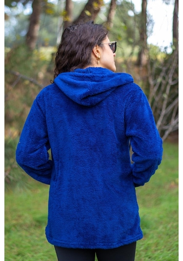 Kadın Saks Koyu Mavi Peluş Kalın Fermuarlı Kapüşonlu Cepli Ceket 23kcktmy50 001