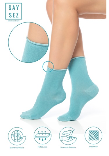 Bambu Kadın Lastiksiz Su Yeşili Soket Dikişsiz Premium Çorap 3'lü Su Yeşili