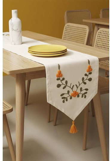 Sarı Çiçek Nakışlı Vintage Keten Runner 40x140 Cm Krem