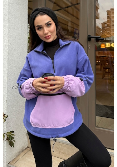 Tommy Life Açık Eflatun Etek Ucu Büzgülü Yarım Fermuarlı Oversize Kadın Polar Sweatshirt - 97238 Eflatun