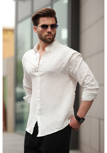 Madmext Beyaz Basic %100 Pamuklu Uzun Kollu Erkek Gömlek E6761 Beyaz