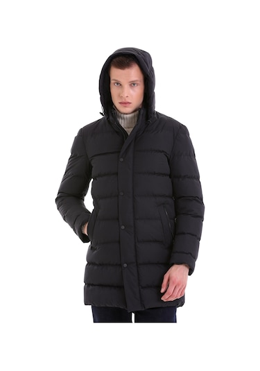 Hatemoğlu Lacivert Slim Fit Hakim Yaka Kapüşonlu Basic Kaban 22232023A008 Lacivert