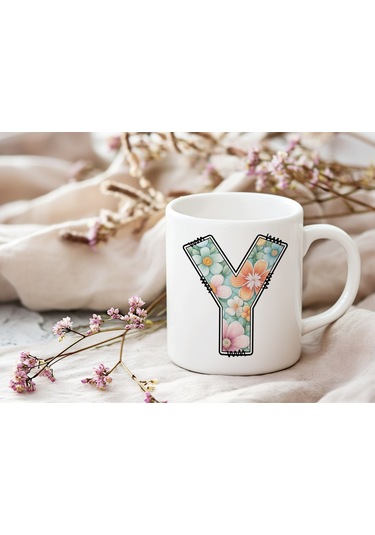 Y Harfli Pastel Çiçek Desenli Kahve Kupası - Kişiye Özel Çiçekler Koleksiyonu Bardak - Hediye Beyaz
