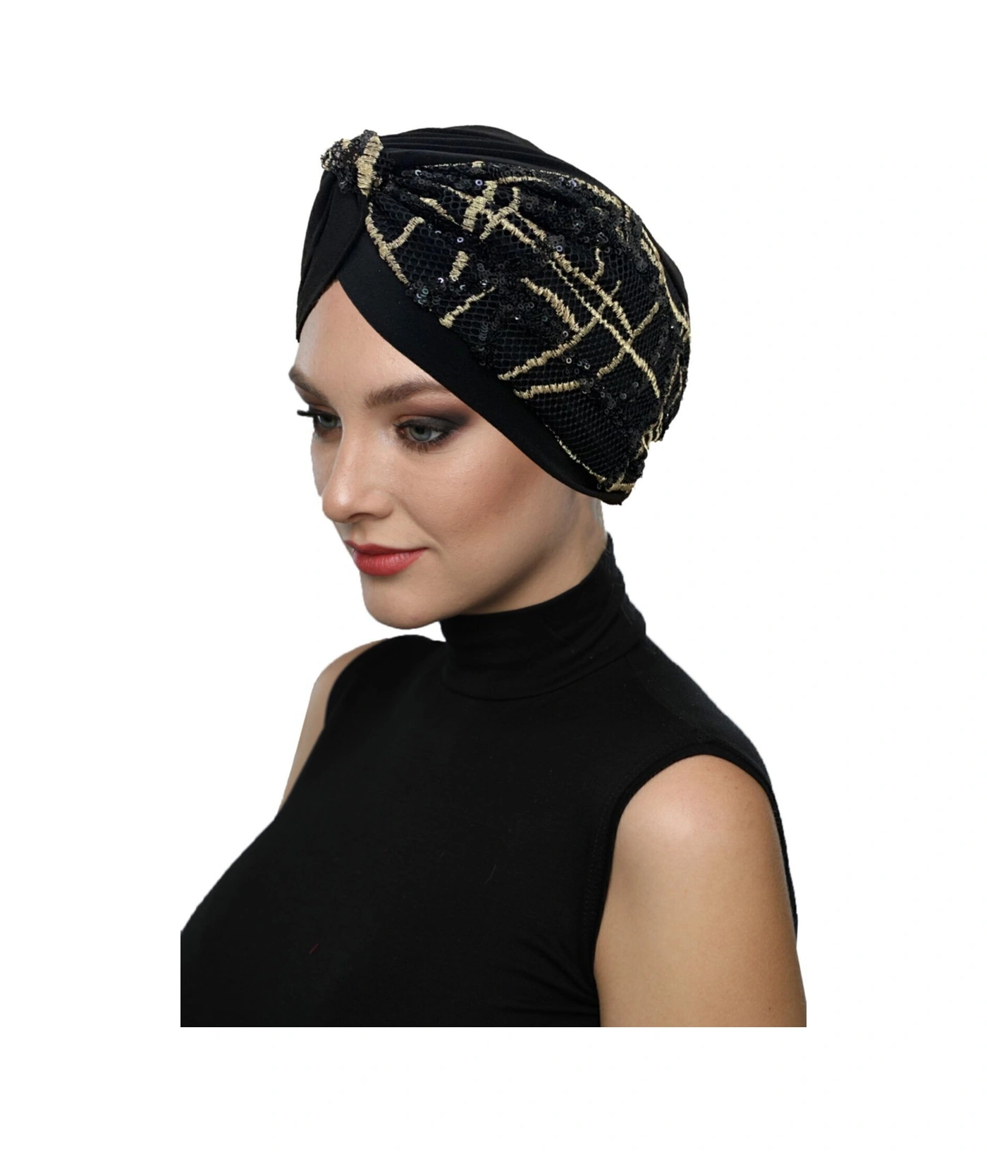 Özel Tasarım Siyah Bej-siyah Pullu Fileli Etnik Desenli Astarlı Hazır Türban Tesettür Abiye Bone Siyah16