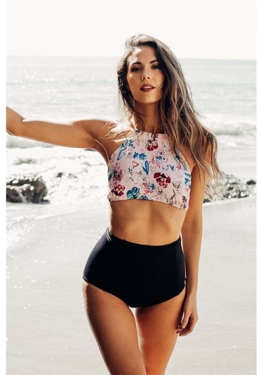 Angelsin Çiçek Desenli Yüksek Bel Tankini Bikini Takım (402449819)