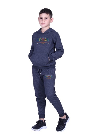Kapüşonlu Kanguru Cepli Urban Yazı Baskılı Erkek Çocuk Eşofman Takımı Füme