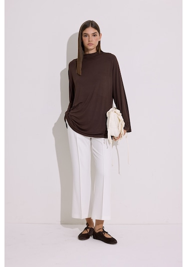 Dökümlü Uzun Kol Bluz Kahverengi Kahverengi