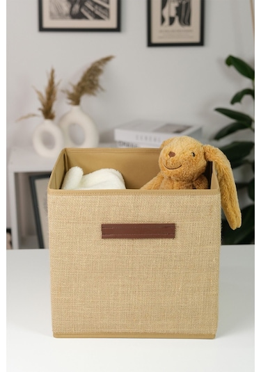 100% Jüt Kapaksız Dolap Içi Çamaşır Oyuncak Düzenleyici Katlanır Saklama Kutusu 30x30x30 Bej
