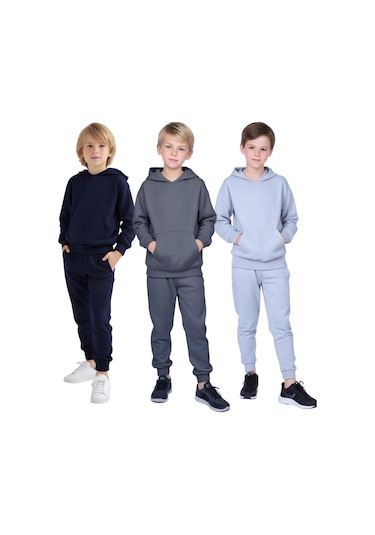 3 Lü Düz Baskısız Kanguru Cepli Kapüşonlu Erkek Çocuk Eşofman Takımı Çok Renkli