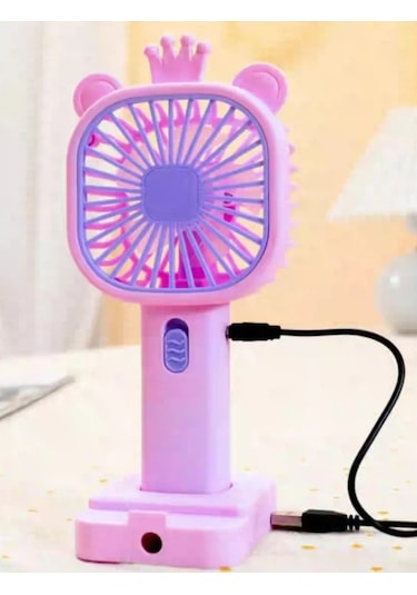 Şarj Edilebilir Fanlı Kulaklı Taçlı Kalemtraşlı Telefon Tutuculu Vantilatör - Mor