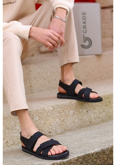 Hakiki Deri Kalın Bantlı Çift Cırt Cırtlı Ortopedik Erkek Sandalet Terlik Siyah