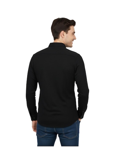 Rasstmen Erkek Spor Slim Fit Uzun Kol Petek Dokulu Gömlek Bgl-st04823 Siyah