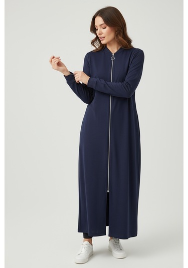 Kadın Önü Fermuarlı Kolu Manşetli Gizli Cepli Mevsimlik Kap Lacivert
