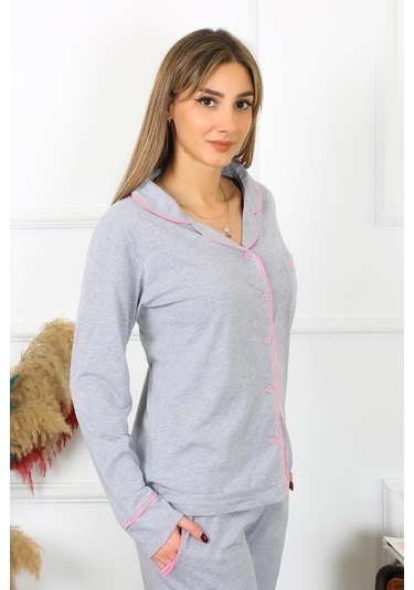 Akbeniz Kadın Pamuk Penye Önden Düğmeli Uzun Kol Gri Pijama Takım 2782-gri Gri