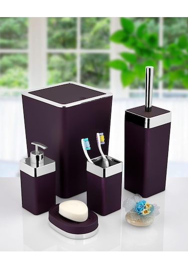 Akrilik Gümüş Çizgi Mor 5'Li Soft Kare Banyo Takımı Seti Mor