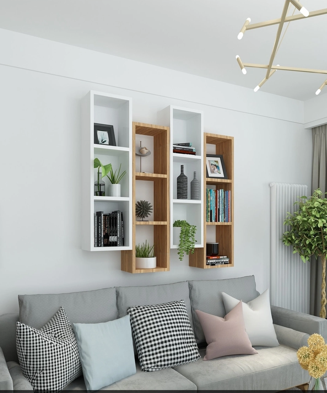 Kitaplık Modern Ev Duvar Rafı Kahve Beyaz 4 Lü Takım Kahve-beyaz