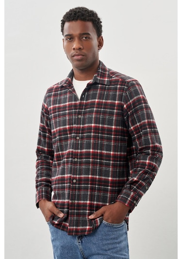 Vişne Yünlü Ekose Desen Yumuşak Yaka Cepsiz Uzun Kol Casual Comfort Fit Gömlek 1004245227 Vişne