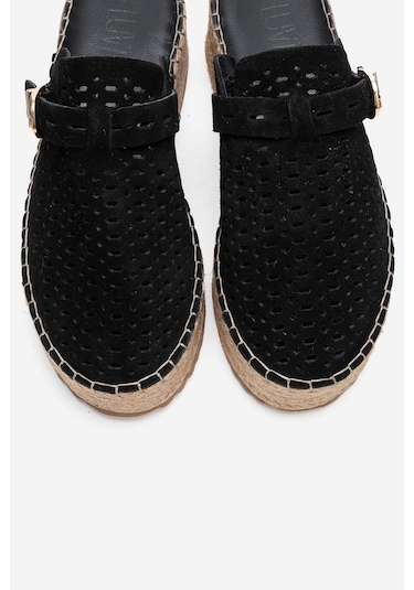 Luvishoes Louıs Siyah Süet Hakiki Deri Burnu Kapalı Hasır Dolgu Taban Terlik Siyah