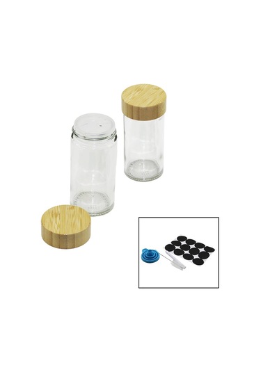 12 Pcs Takım Yuvarlak Cam Baharatlık - Tuzluk Bambu Kapaklı Go50 Çok Renkli