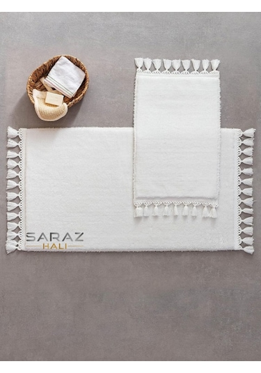 Saraz Halı Puffy Banyo Paspas 2 Li Saçaklı Yıkanabilir Beyazbeyaz Beyaz