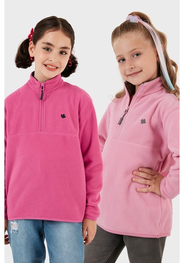 Lela Yumuşak Dokulu Fermuarlı Dik Yaka Şardonlu 2'Li Paket Çocuk Polar 5905002S2 Fuşya-Şeker Pembe