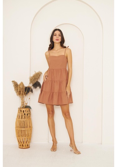 Camel Askısı Boncuklu Püsküllü Eteği Volanlı Mini Elbise Dm1038