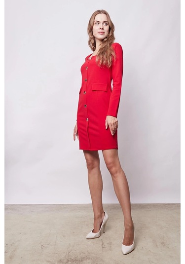 Kadın Likralı Krep Kumaş Kare Yaka Uzun Kol Önü Düğmeli Ofis Ceket Elbise-kırmızı Kırmızı