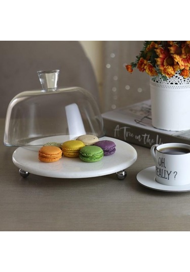 Akayev Mermer Beyaz 25 Cm Gümüş Boncuk Ayak Cam Fanus