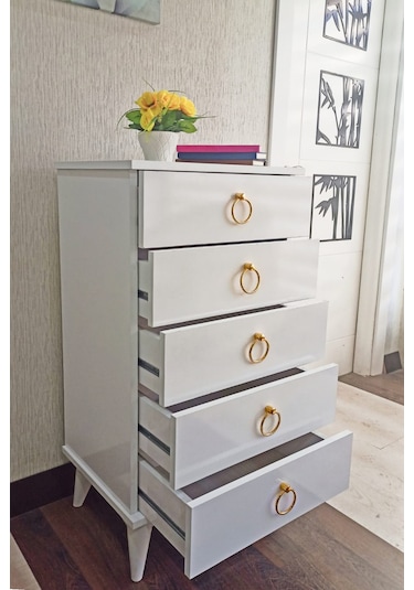 Şifonyer 5 Çekmece Beyaz/Altın