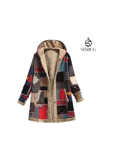 Pamuk Ve Keten Kareli Peluş Kapşonlu Düğme Kadın Kırmızı