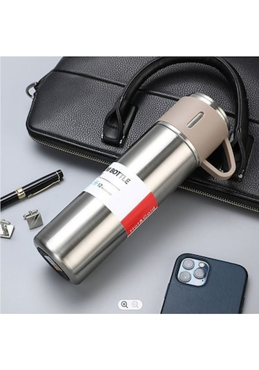 Paslanmaz Çelik Termos Silver Renk 3 Bardaklı Termos Seti Vakumlu