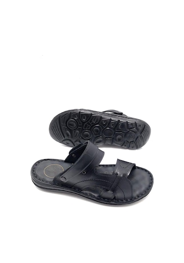Deritarz Hakiki Deri Tam Ortopedik Masajlı Siyah Erkek Terlik Siyah