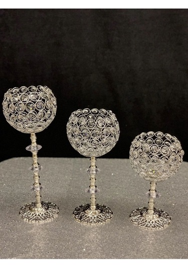 Kristal Taşlı Ayaklı Gümüş Şamdan 3'lü Set Gold