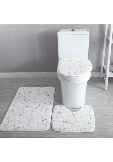Neevoyu Beyaz Yumuşak Polyester Banyo Seti: Su Emici Banyo Halısı, Tuvalet Örtüsü Ve U Şekilli Paspas - Kaymazsız Tabanlı, Kolay Temizlenir Beyaz