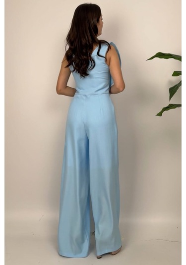 Élan Kadın Drapeli Detaylı Mavi Tulum Dokulu Kumaş Şıklığı Mavi