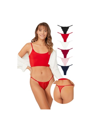 Önü Dantelli Tül Detaylı Kadın Tanga 6'lı Paket Külot Renkli-5 Çok Renkli